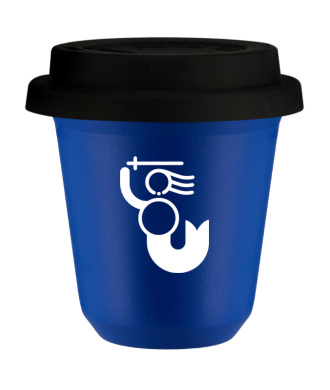 Kubek navy blue 150 ml, WARSZAWSKA SYRENKA (bialy) z pokrywka czarna