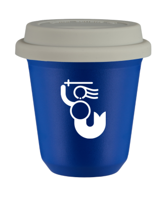 Kubek navy blue 150 ml, WARSZAWSKA SYRENKA (bialy) z pokrywka biala