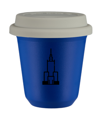 Kubek navy blue 150 ml, PALAC KULTURY I NAUKI z pokrywka biala