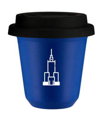 Kubek navy blue 150 ml, PALAC KULTURY I NAUKI (bialy) z pokrywka czarna