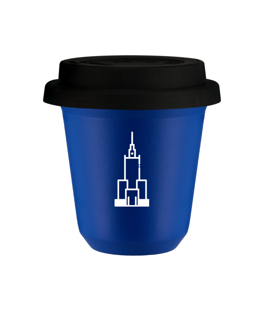 Kubek navy blue 150 ml, PALAC KULTURY I NAUKI (bialy) z pokrywka czarna kubek termiczny na kawe | 70,00 zł