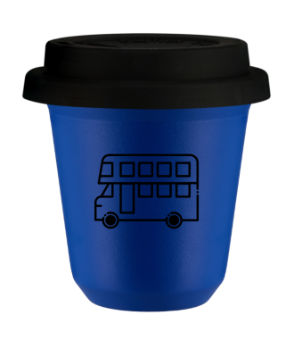 Kubek 150 ml NIEBIESKI "Autobus (czarny)", z czarną pokrywką Kubek 150 ml NIEBIESKI "Autobus (czarny)", z czarną pokrywką