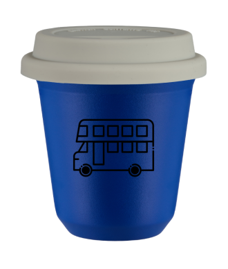 Kubek 150 ml NIEBIESKI "Autobus (czarny)", z białą pokrywką Kubek 150 ml NIEBIESKI "Autobus (czarny)", z białą pokrywką