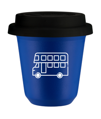 Kubek 150 ml NIEBIESKI "Autobus (biały)", z czarną pokrywką Kubek 150 ml NIEBIESKI "Autobus (biały)", z czarną pokrywką