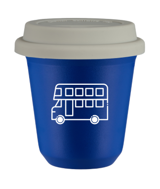 Kubek 150 ml NIEBIESKI "Autobus (biały)", z białą pokrywką Kubek 150 ml NIEBIESKI "Autobus (biały)", z białą pokrywką