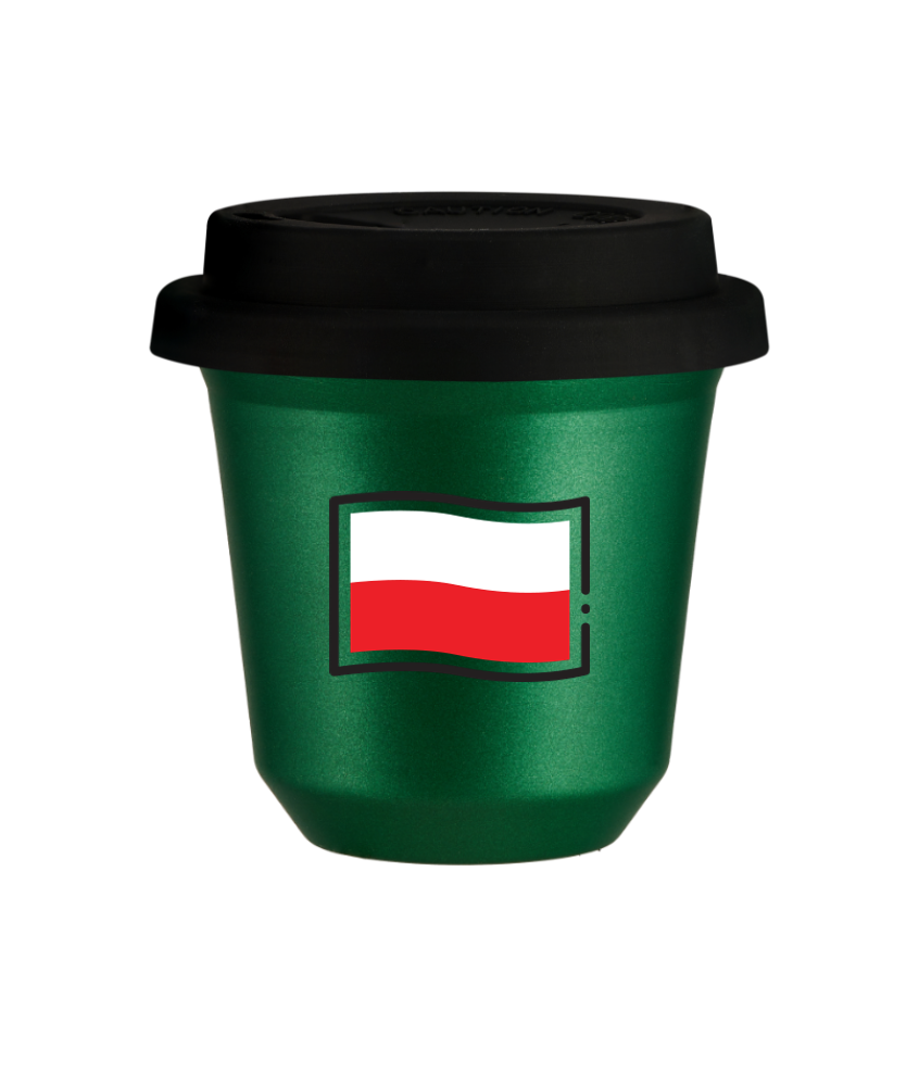 Kubek 80 ml ZIELONY METALIC "Flaga Polski (czarny)", z czarną pokrywką