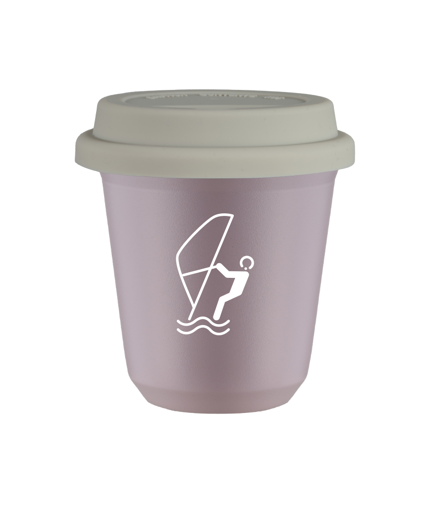 Kubek 150 ml LAWENDOWY "Sporty wodne (biały)", z białą pokrywką
