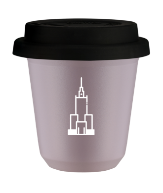 Kubek 150 ml LAWENDOWY "Pałac kultury i nauki (biały)", z czarną pokrywką Kubek 150 ml LAWENDOWY "Pałac kultury i nauki (biały)", z czarną pokrywką