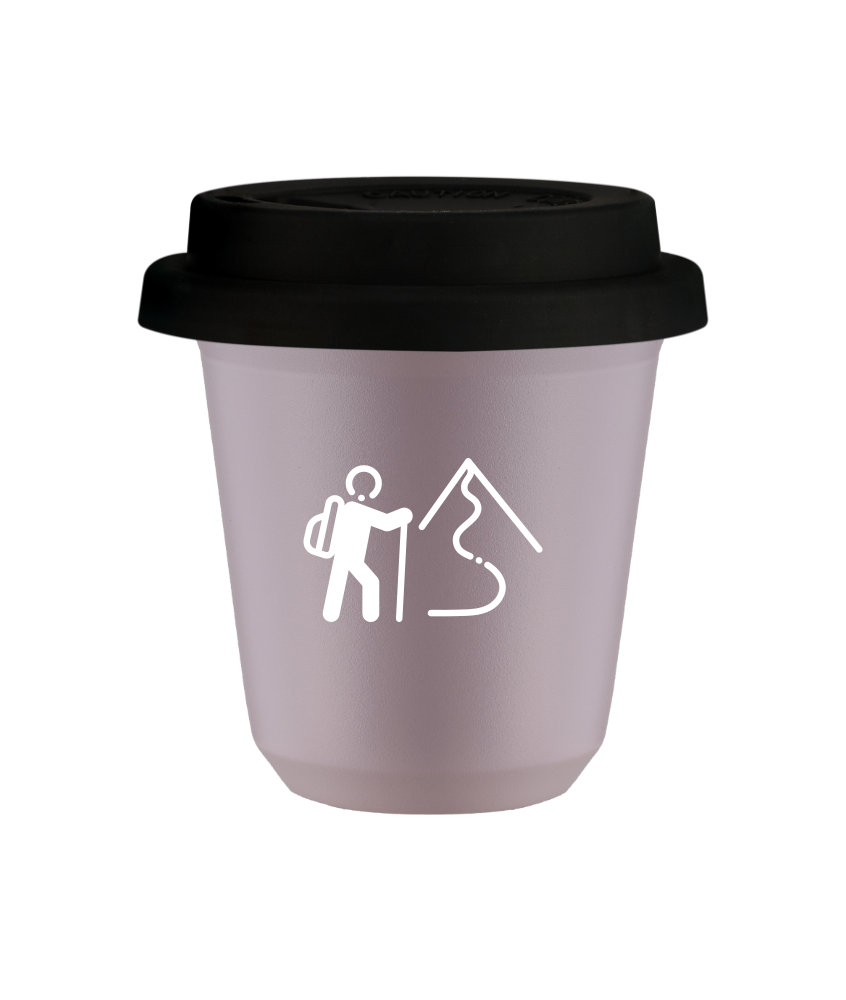 Kubek 150 ml LAWENDOWY "Wspinaczka 2 (biały)", z czarną pokrywką