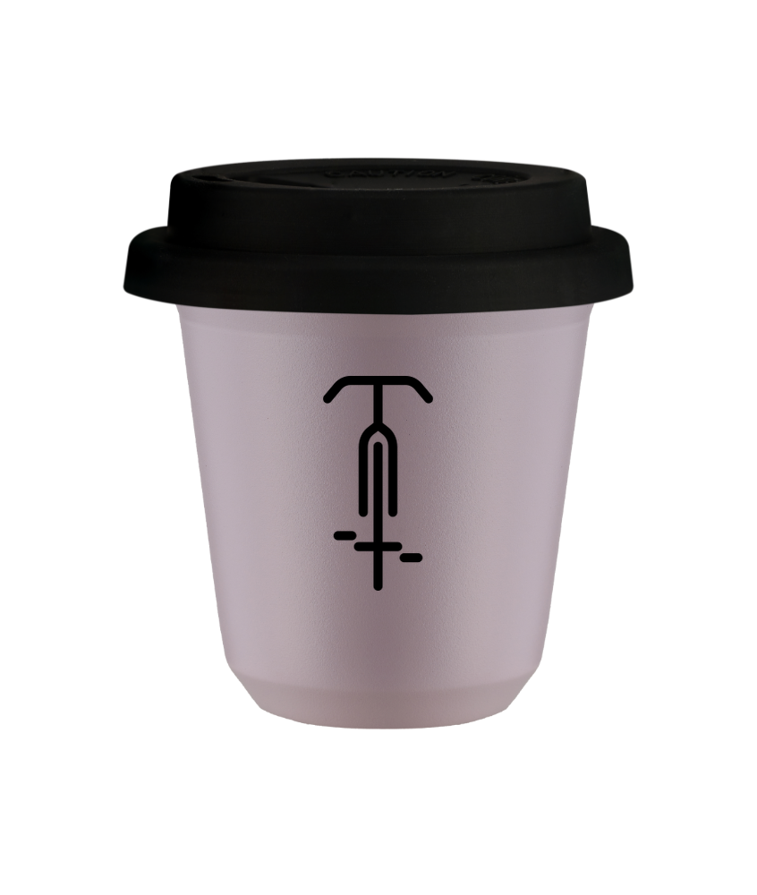 Kubek 150 ml LAWENDOWY "Kolarstwo 1 (czarny)", z czarną pokrywką