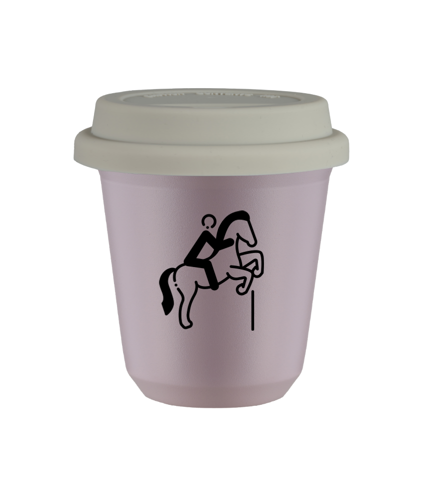 Kubek 150 ml LAWENDOWY "Jeździectwo 1", z białą pokrywką