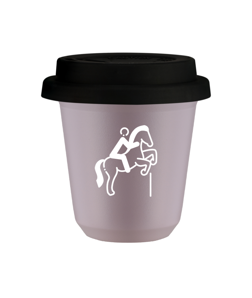Kubek 150 ml LAWENDOWY "Jeździectwo 1 (biały)", z czarną pokrywką