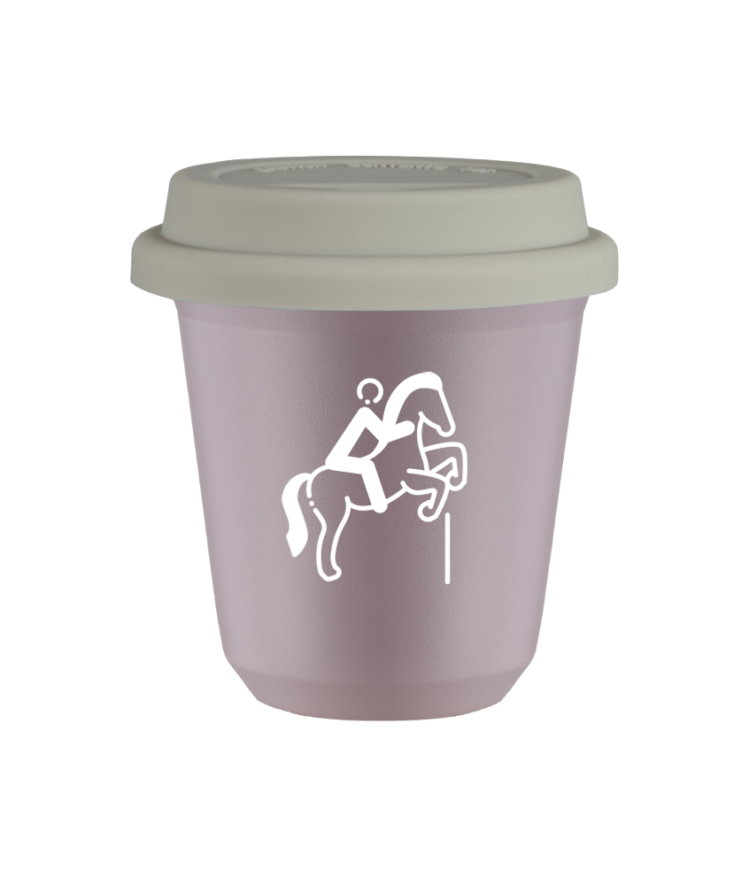 Kubek 150 ml LAWENDOWY "Jeździectwo 1 (biały)", z białą pokrywką
