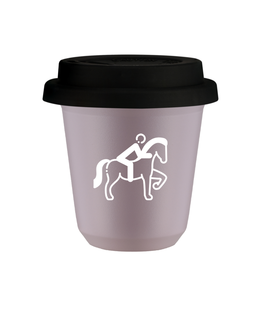 Kubek 150 ml LAWENDOWY "Jeździectwo 2 (biały)", z czarną pokrywką