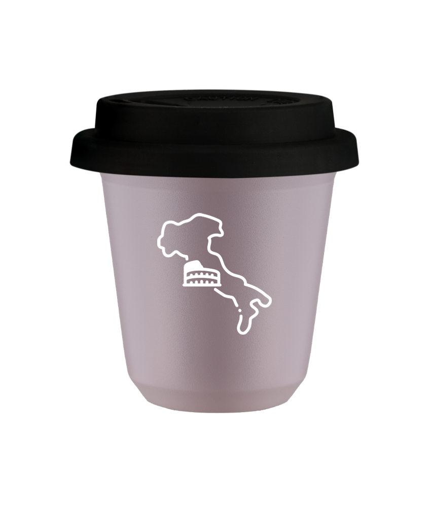 Kubek 150 ml LAWENDOWY "Włochy (biały)", z czarną pokrywką