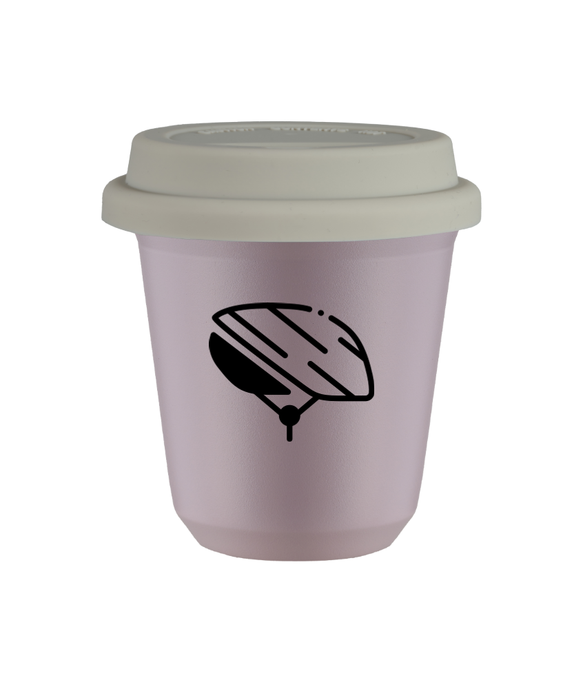 Kubek 150 ml LAWENDOWY "Kask", z białą pokrywką