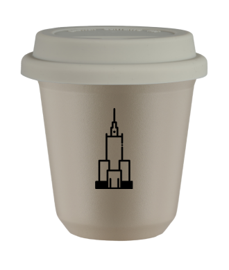 Kubek 150 ml BEŻOWY "Pałac kultury i nauki (czarny)", z białą pokrywką Kubek 150 ml BEŻOWY "Pałac kultury i nauki (czarny)", z białą pokrywką