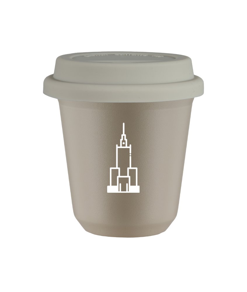 Kubek 150 ml BEŻOWY "Pałac kultury i nauki (biały)", z białą pokrywką