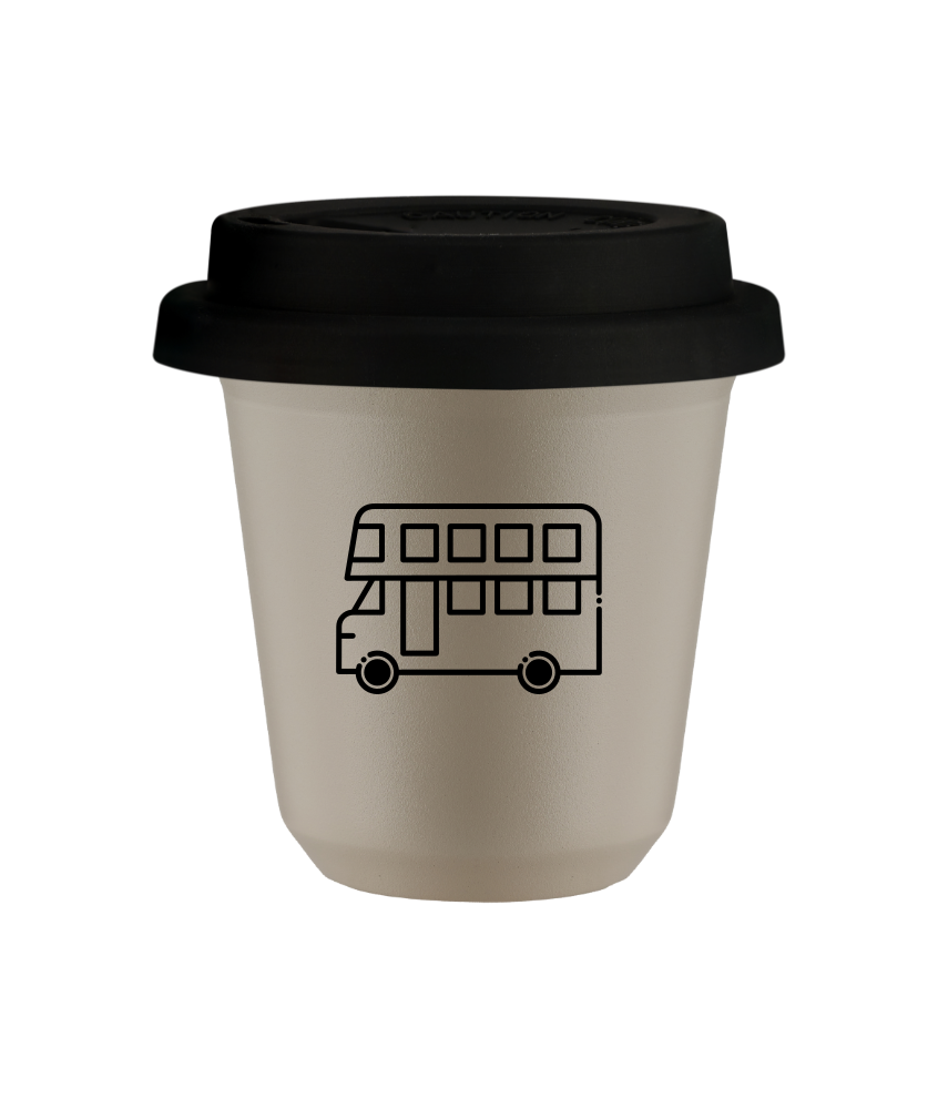 Kubek 150 ml BEŻOWY "Autobus", z czarną pokrywką