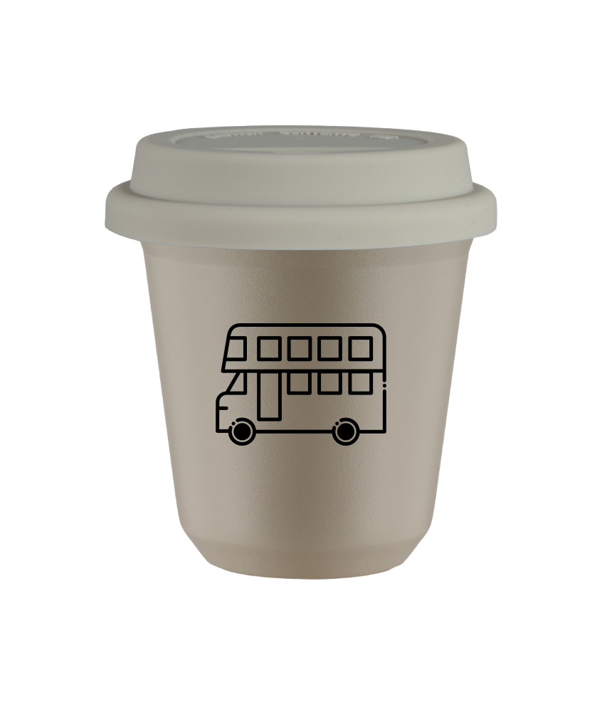 Kubek 150 ml BEŻOWY "Autobus (czarny)", z białą pokrywką