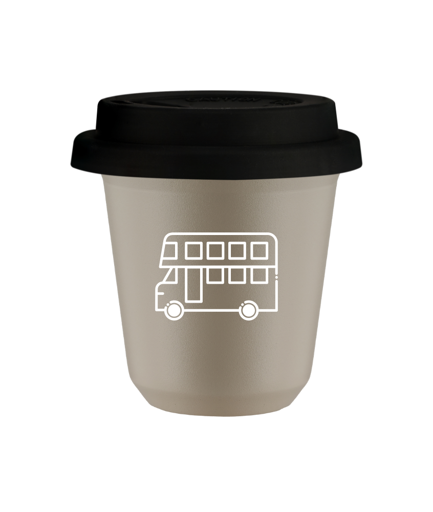 Kubek 150 ml BEŻOWY "Autobus (biały)", z czarną pokrywką