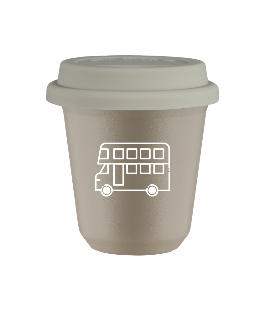 Kubek 150 ml BEŻOWY "Autobus (biały)", z białą pokrywką
