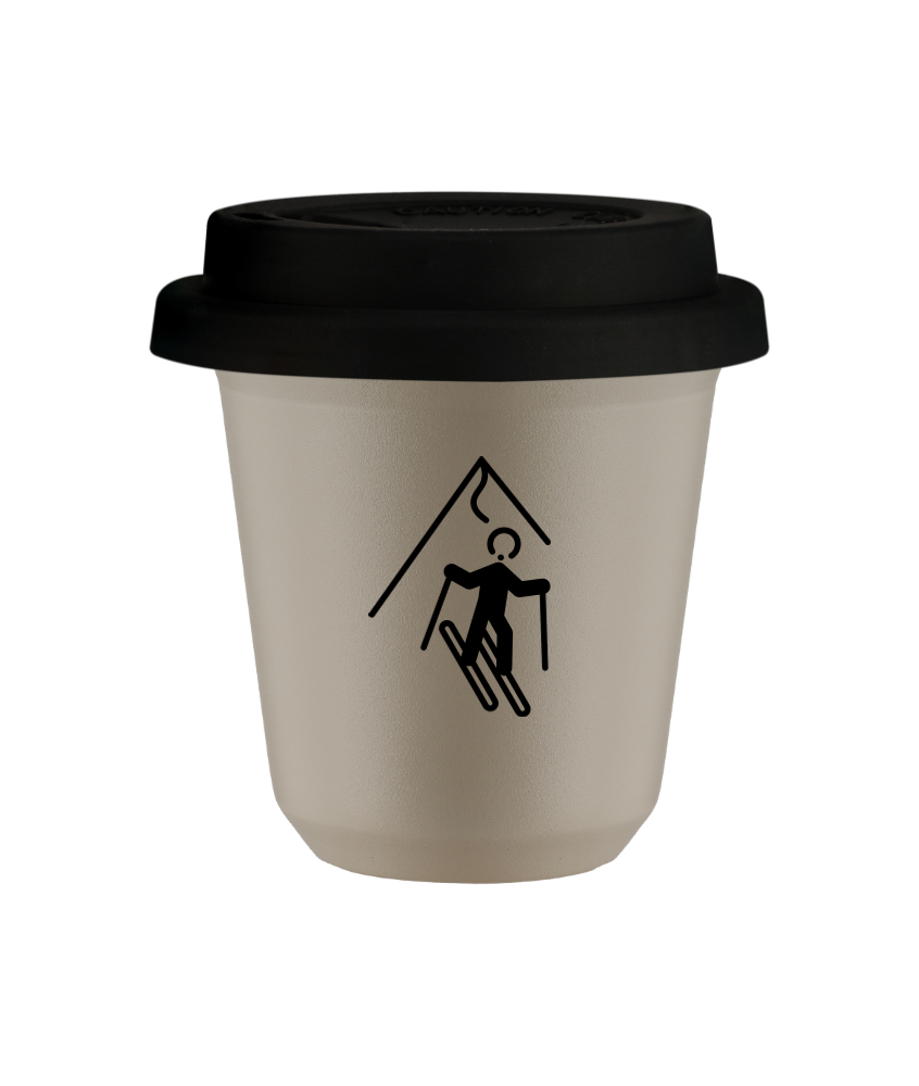 Kubek 150 ml BEŻOWY "Narciarstwo (czarny)", z czarną pokrywką