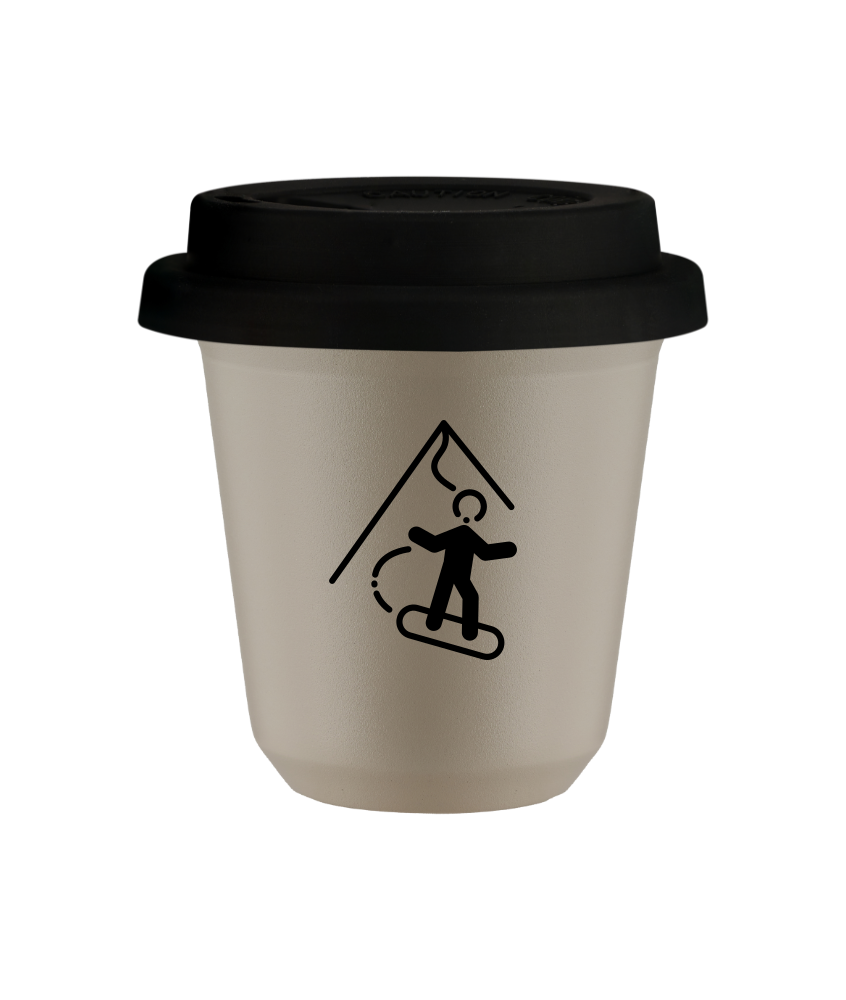 Kubek 150 ml BEŻOWY "Snowboard (czarny)", z czarną pokrywką