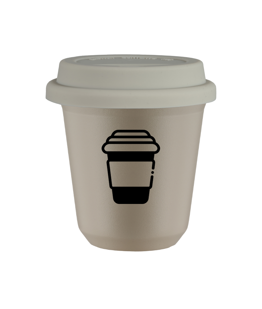 Kubek 150 ml BEŻOWY, z białą pokrywką