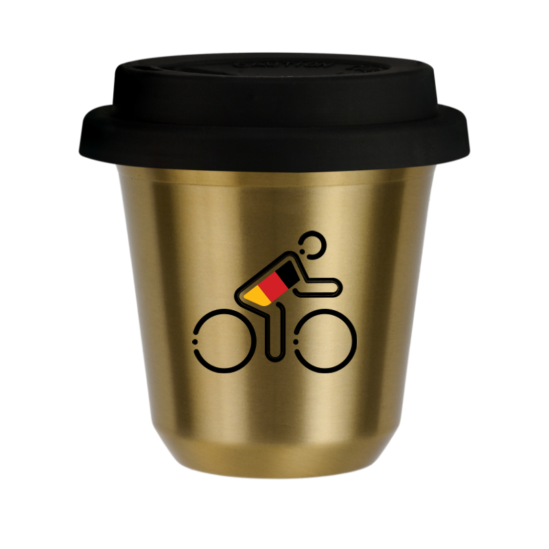 Kubek 80 ml ZŁOTY "Kolarz w niemieckich barwach (czarny)", z czarną pokrywką