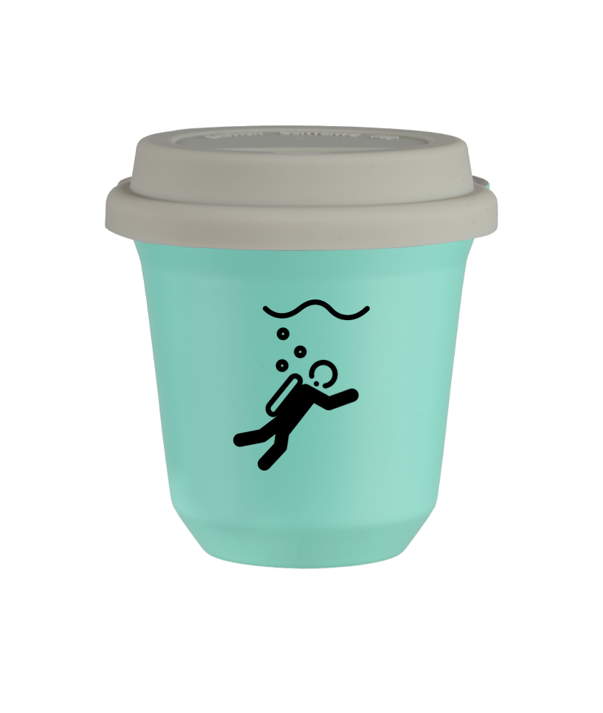 Kubek 80 ml TURKUSOWY "Nurkowanie (czarny)", z białą pokrywką