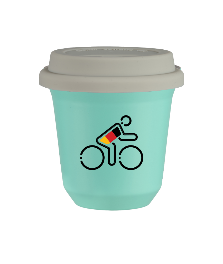 Kubek 80 ml TURKUSOWY "Kolarz w niemieckich barwach", z białą pokrywką