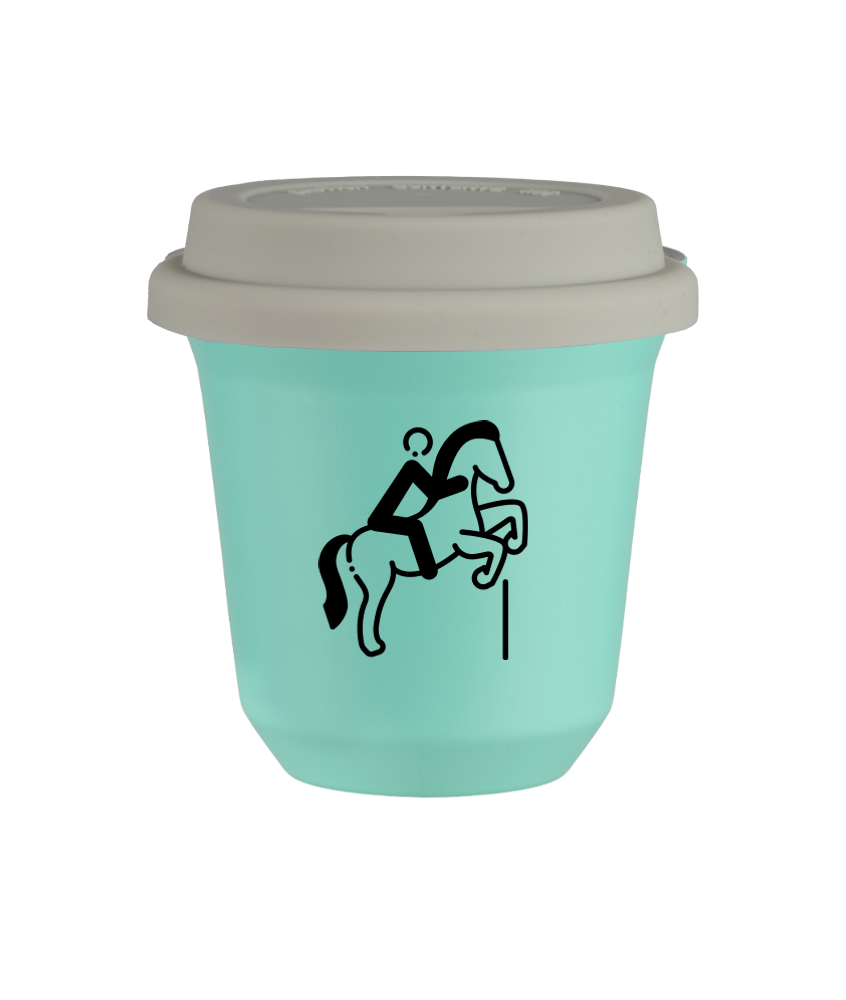 Kubek 80 ml TURKUSOWY "Jeździectwo 1 (czarny)", z białą pokrywką
