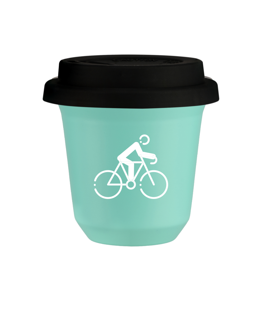 Kubek 80 ml TURKUSOWY "Kolarstwo 3 (biały)", z czarną pokrywką