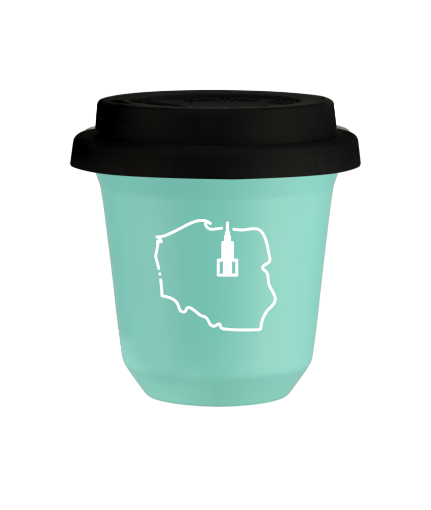 Kubek 80 ml TURKUSOWY "Polska (biały)", z czarną pokrywką