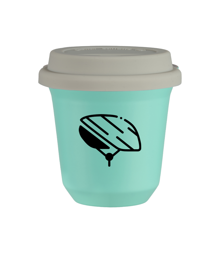 Kubek 80 ml TURKUSOWY "Kask", z białą pokrywką