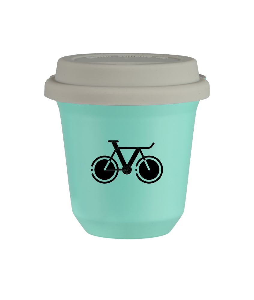 Kubek 80 ml TURKUSOWY "Rower 1", z białą pokrywką Kubek 80 ml TURKUSOWY "Rower 1", z białą pokrywką