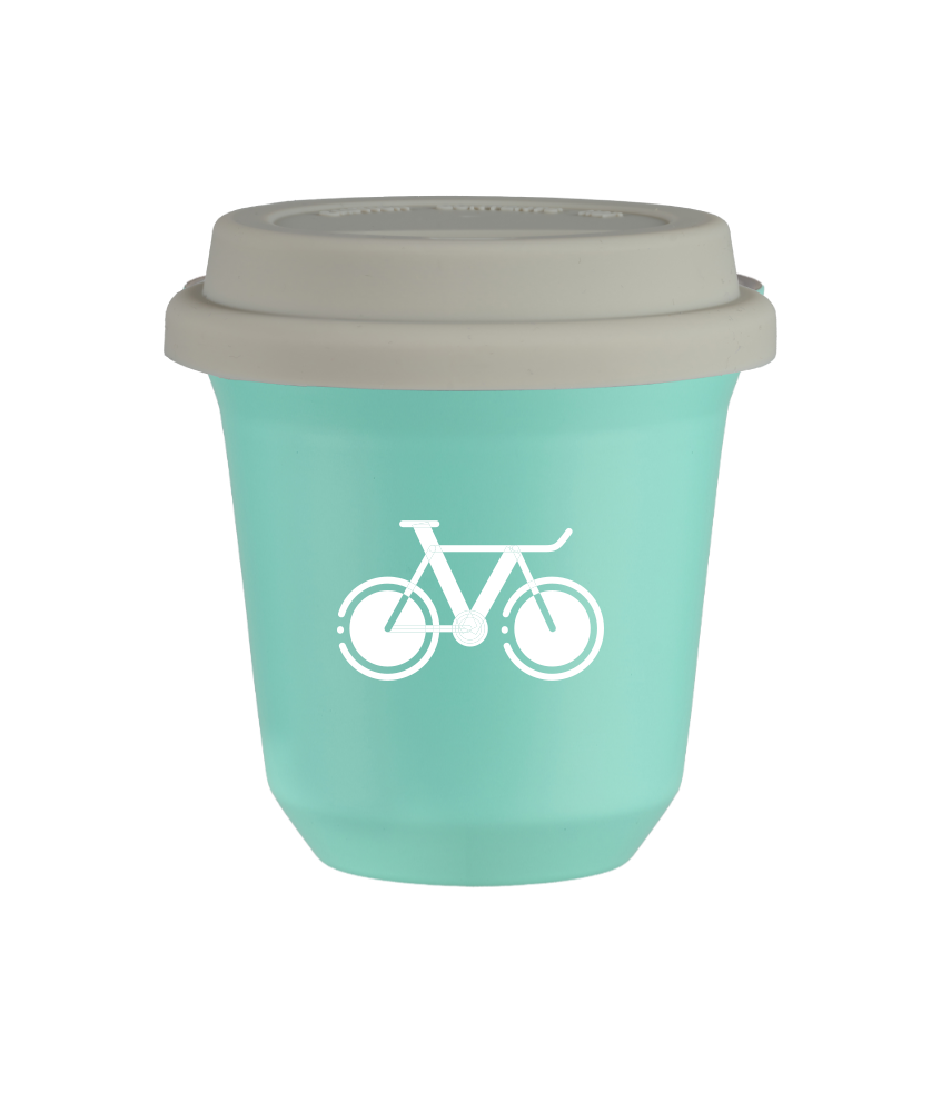 Kubek 80 ml TURKUSOWY "Rower 1 (biały)", z białą pokrywką