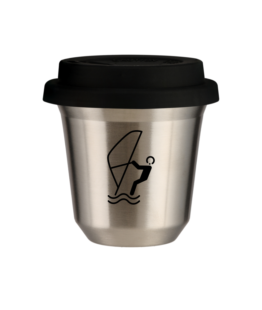 Cup 80 ml SILVER "Water sports (black)", with black lid