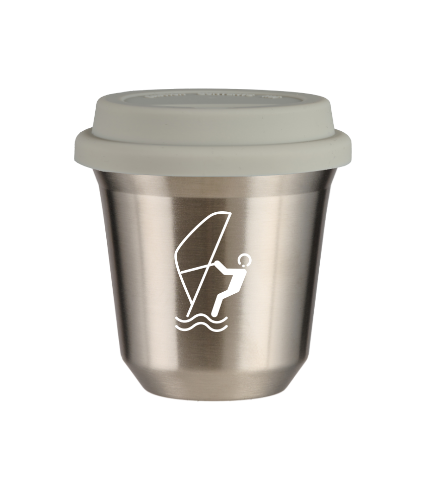 Kubek 80 ml SREBRNY "Sporty wodne (biały)", z białą pokrywką