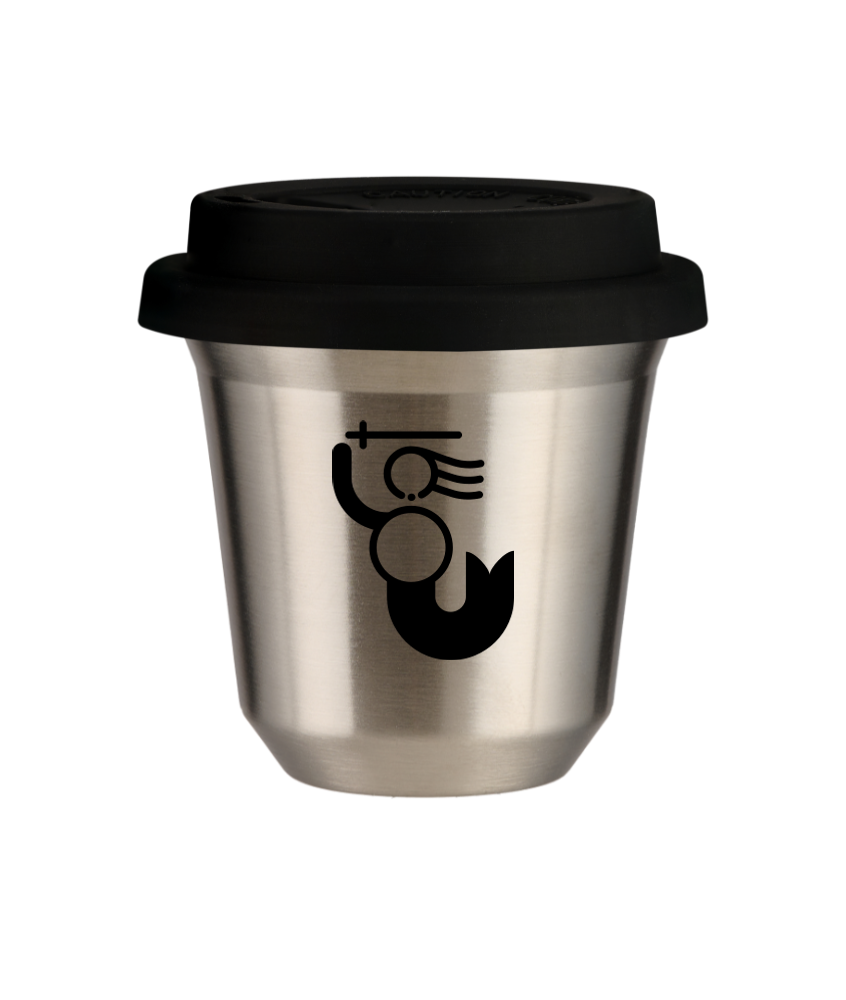 Kubek 80 ml SREBRNY "WARSZAWSKA SYRENKA (czarny)", z czarną pokrywką