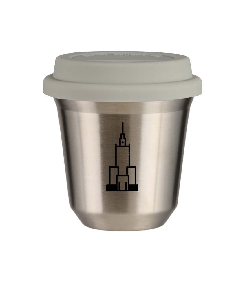 Cup 80 ml SILVER "Pałac kultury i nauki (black)", with white lid