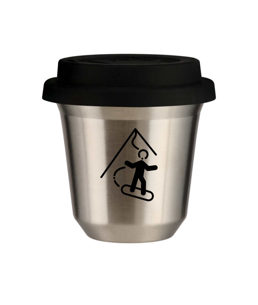 Kubek 80 ml SREBRNY "Snowboard", z czarną pokrywką