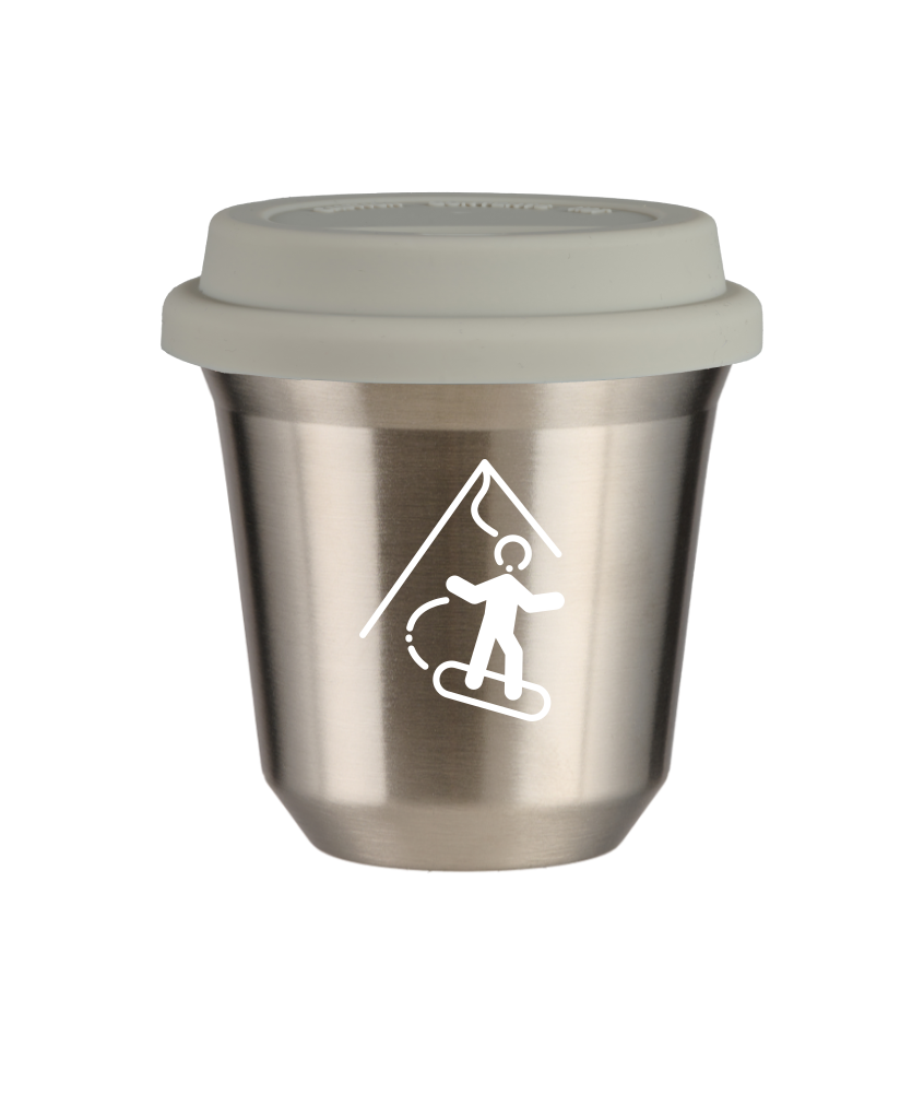 Kubek 80 ml SREBRNY "Snowboard (biały)", z białą pokrywką