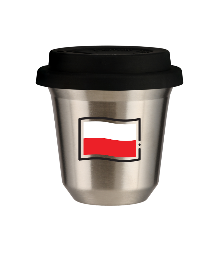 Kubek 80 ml SREBRNY "Flaga Polski", z czarną pokrywką Kubek 80 ml SREBRNY "Flaga Polski", z czarną pokrywką