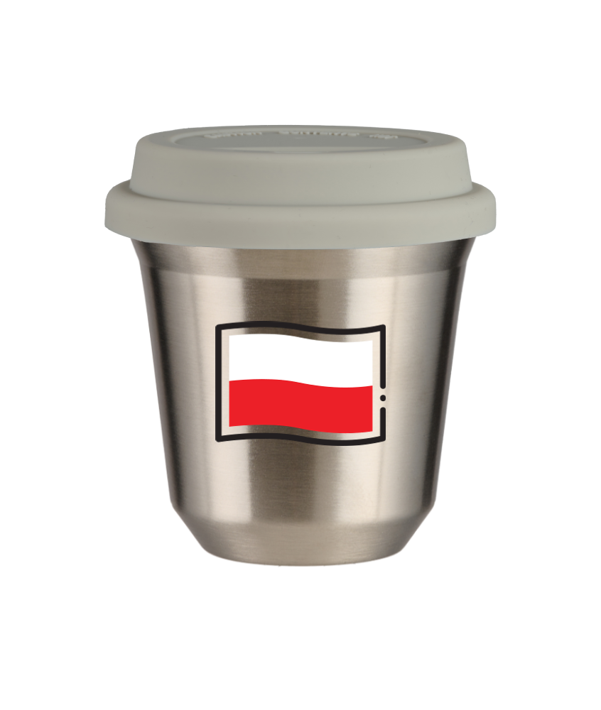 Kubek 80 ml SREBRNY "Flaga Polski (czarny)", z białą pokrywką Kubek 80 ml SREBRNY "Flaga Polski (czarny)", z białą pokrywką