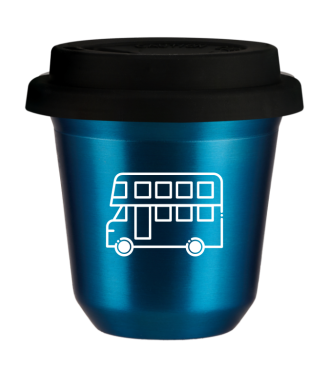 Kubek niebieski 80 ml, AUTOBUS (biały) z pokrywką czarną