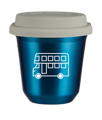 Kubek niebieski 80 ml, AUTOBUS (biały) z pokrywką białą