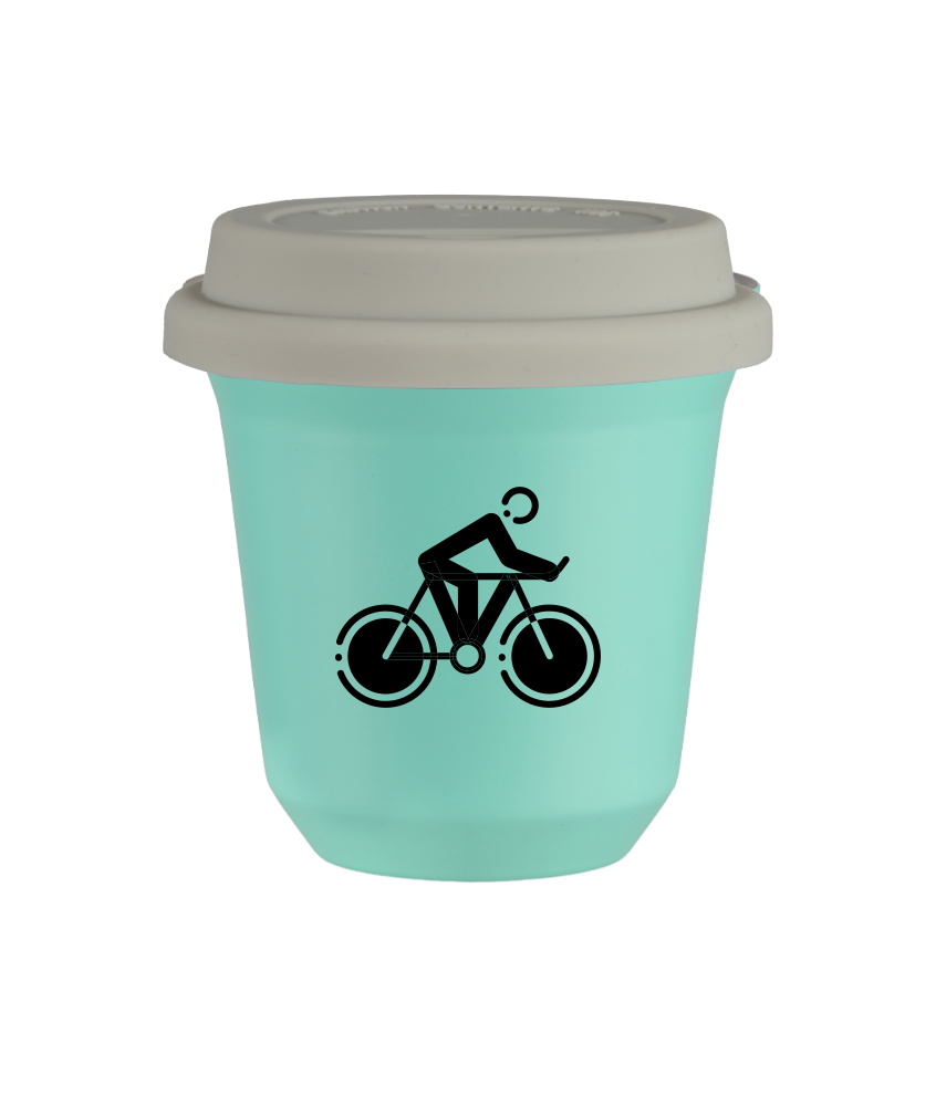 Kubek 80 ml TURKUSOWY "Kolarstwo 2", z białą pokrywką Kubek 80 ml TURKUSOWY "Kolarstwo 2", z białą pokrywką