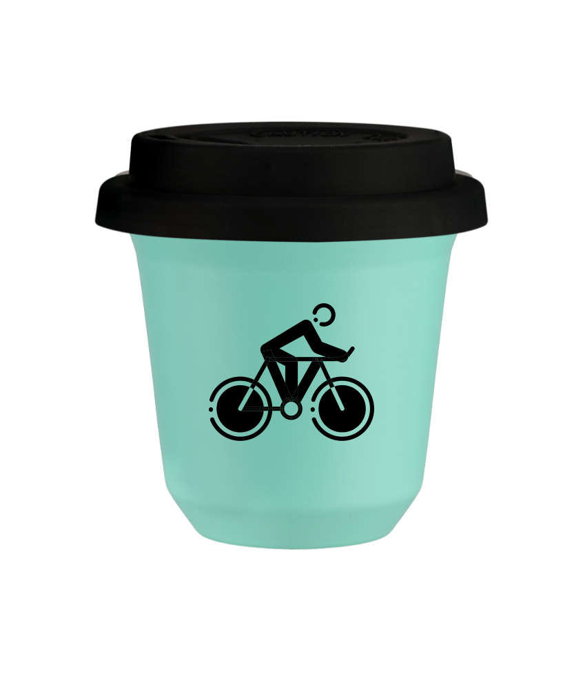 Kubek 80 ml TURKUSOWY "Kolarstwo 2 (czarny)", z czarną pokrywką
